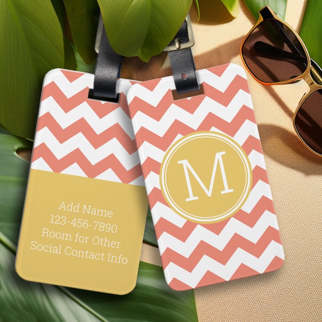 Chevron Mönster Single Monogram - Coral och Lemon Bagagebricka (Custom Monogram Luggage Tag)