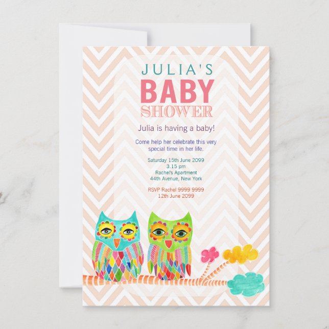 Chevron Rainbow Uggla i Träd Baby Shower Inbjudan (Framsida)
