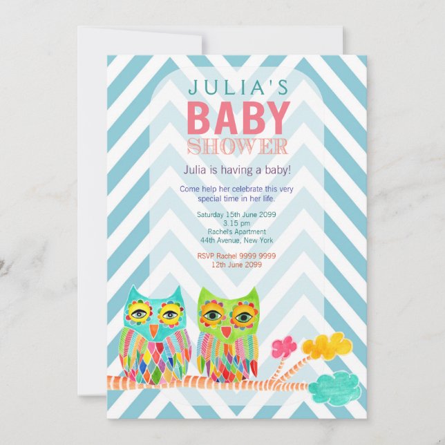Chevron Rainbow Ugglor i Träd Baby Shower Inbjudan (Framsida)