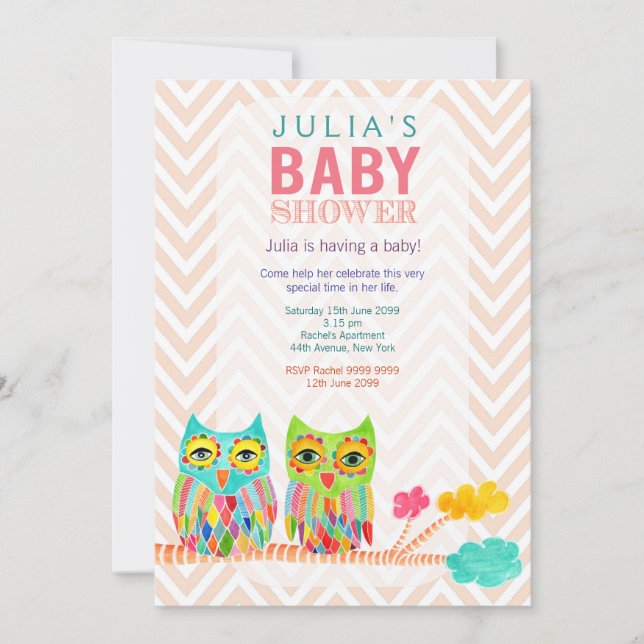 Chevron Rainbow Ugglor i Träd Baby Shower Inbjudan (Framsida)