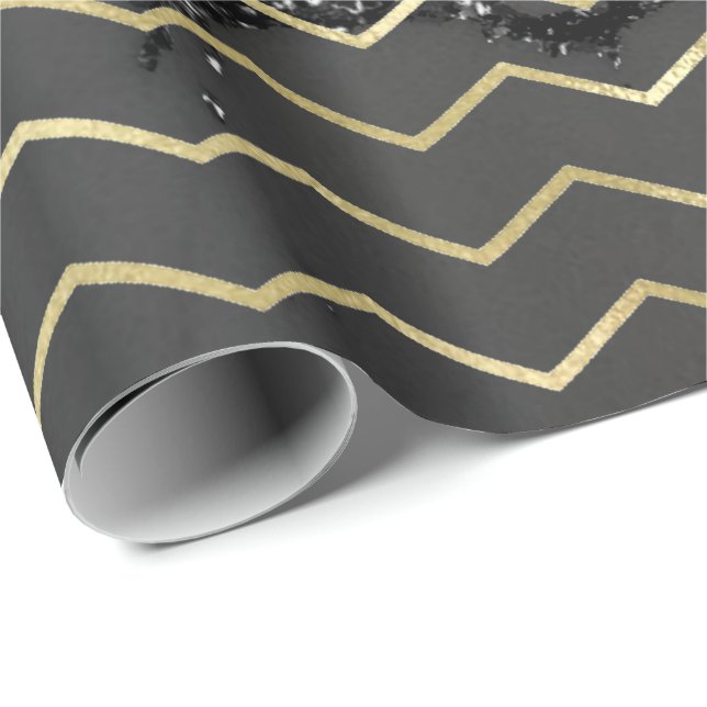 Chevron Rand Guld Glitter Grått Marble Black Presentpapper (Rullad Hörn)