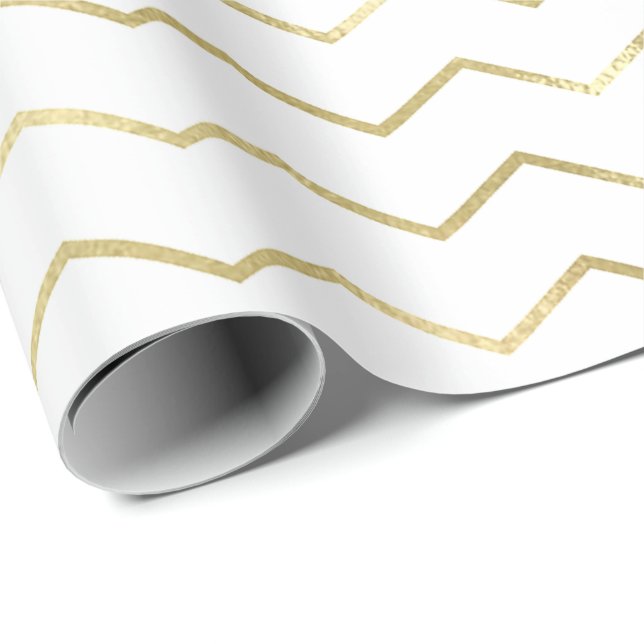 Chevron Rand Linjer Guld Metallic White Elegant Presentpapper (Rullad Hörn)