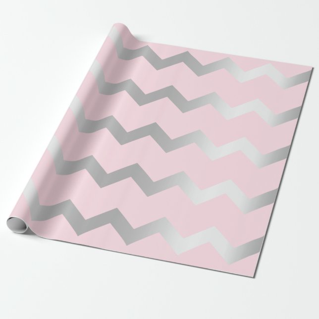 Chevron Rand Linjer Rosa Grått Grått Silver Presentpapper (Utrullad)