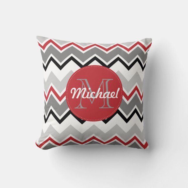 Chevron Red Grått Black Monogrammed Circle Stitche Kudde (Framsida)