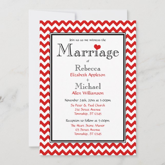 Chevron Red & White Wedding-inbjudningar Inbjudningar (Framsida)