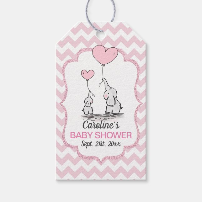 Chevron Rosa Elephant Baby Shower Tack Presentetikett (Framsidan)