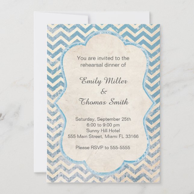 Chevron Rustic Blue Rehearsal Dinner Inbjudan (Framsida)