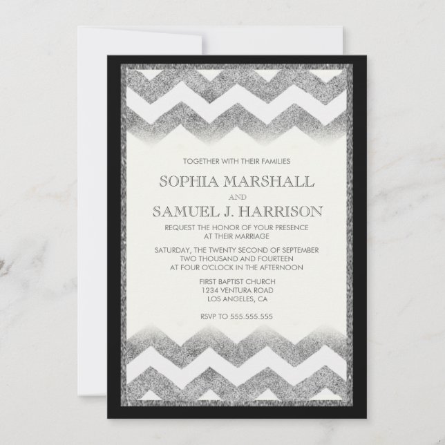 Chevron Silver Glitter Bröllopsinbjudan Inbjudningar (Framsida)