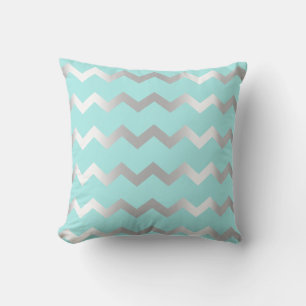 Chevron Silver Grått Aqua Tiffany Metall Linjer Kudde