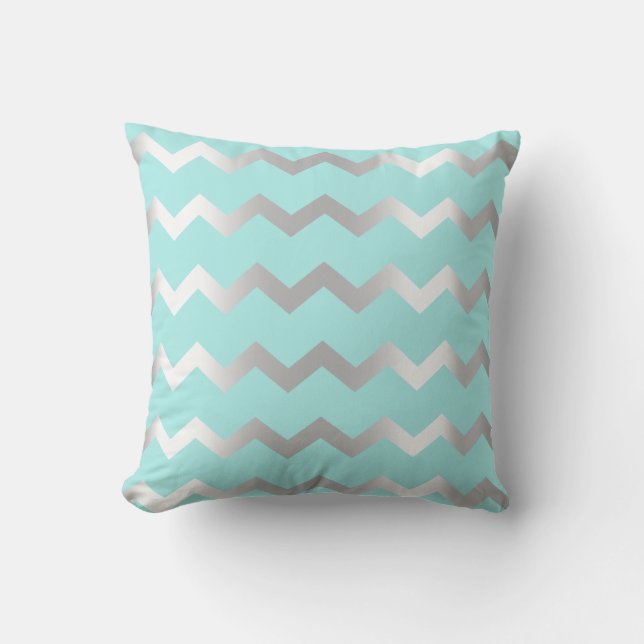 Chevron Silver Grått Aqua Vatten Metalic Linjer Kudde (Framsida)