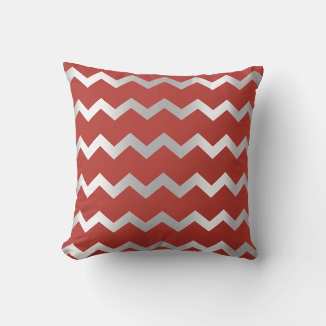 Chevron Silver Grått Grått  Red Vin Metall Rand Kudde (Framsida)