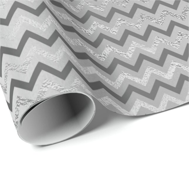 Chevron Silver Grått Rand Linjer Zig Zag Lux Presentpapper (Rullad Hörn)