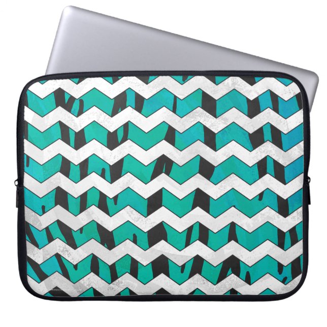 Chevron Tiger Black and Teal Print Laptop Sleeve (Framsidan)