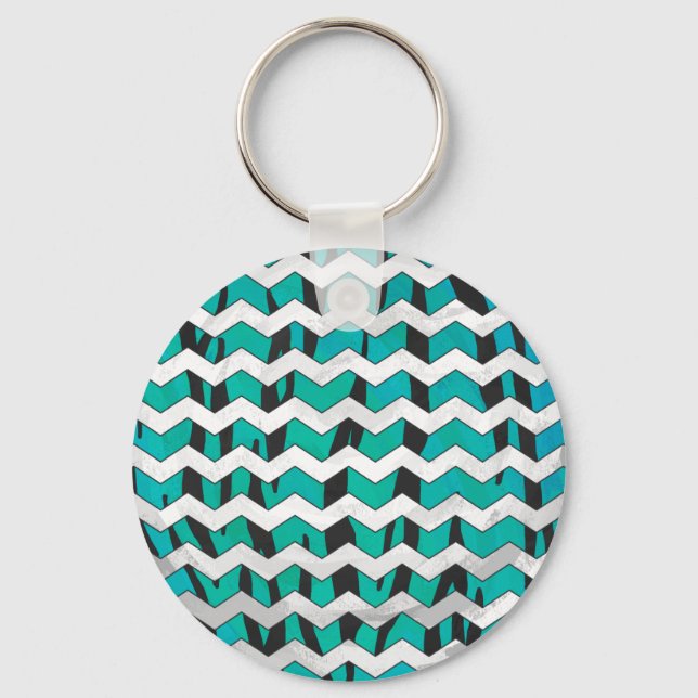 Chevron Tiger Black and Teal Print Nyckelring (Framsida)