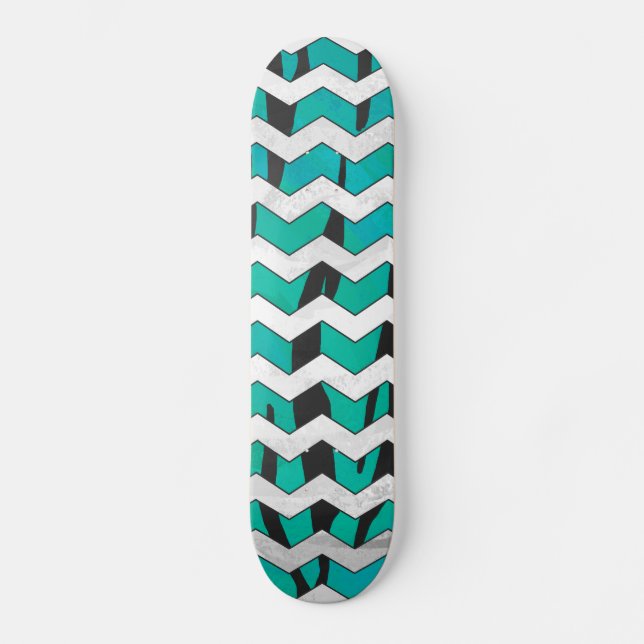 Chevron Tiger Black and Teal Print Skateboard Bräda 20 Cm (Framsida)