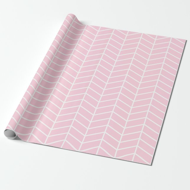 Chevron Wrapping Papper - Vit på Ljus rosa |XL| Presentpapper (Utrullad)