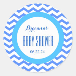 CHEVRONS Boy Baby Shower Namn Date V06 BLUE Runt Klistermärke