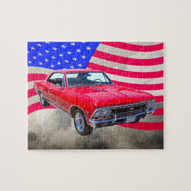 Chevy Chevelle SS 396 med amerikanska flaggan Pussel (Horisontell)