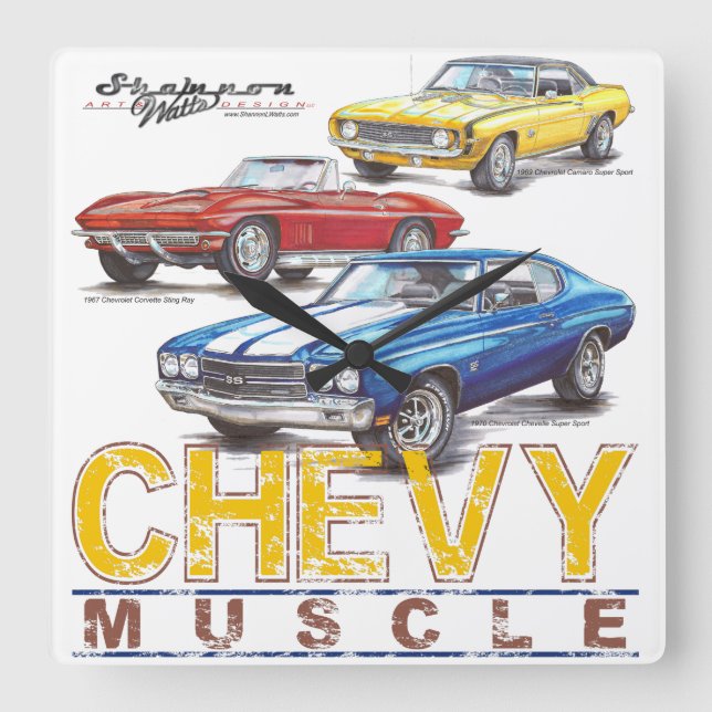 Chevy Muscle Square Clock Fyrkantig Klocka (Framsida)