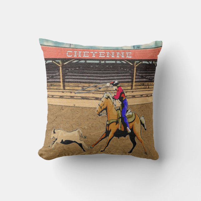 Cheyenne Rodeo Cowboy Calf Roping Pillow Kudde (Framsida)