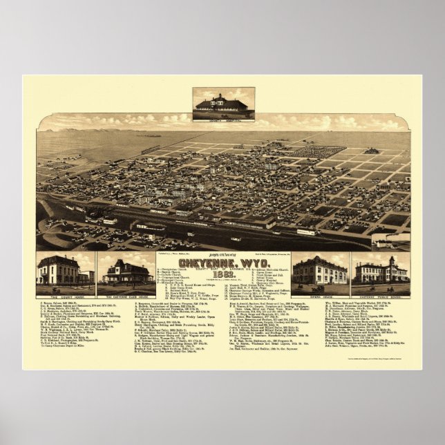 Cheyenne, WY Panoramic Karta - 1882 Poster (Framsidan)