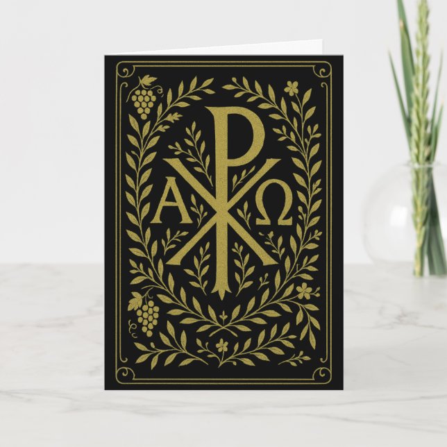 Chi Rho Alpha Omega Guld Symbol på Svart Kort (Framsida)