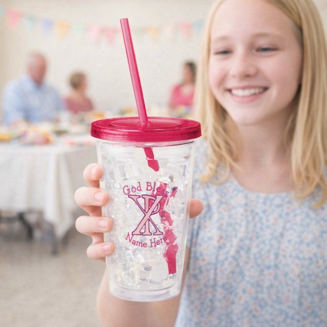 Chi Ro Kristet Kors Rosa Personligt Take Away Mugg (Personalized acrylic tumbler with pink Christian ChiRo Cross. Above reads GOD BLESS. Below, name.)