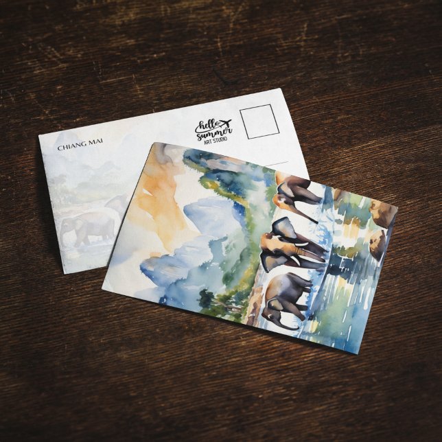 Chiang Mai Thailand Elephants Watercolor Postcard Inbjudningar (Skapare uppladdad)