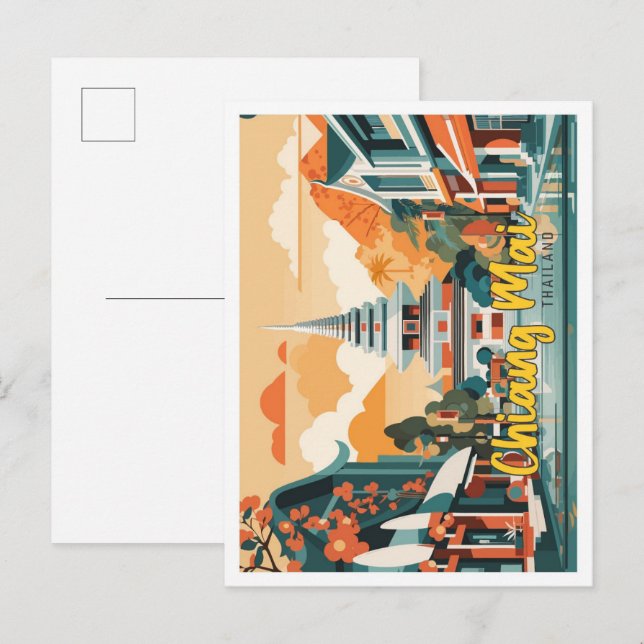 Chiang Mai Thailand Pop Art Travel Illustration Vykort (Fram/baksida)