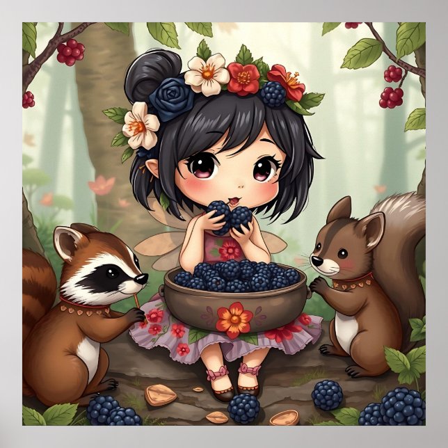 Chibi Älva som äter Björnbär med Skogs Vänner Poster (Framsidan)