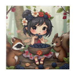 Chibi-älva som äter björnbär med skogsvänner kakelplatta