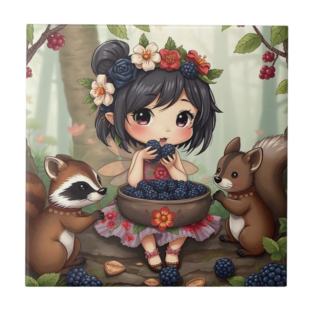 Chibi-älva som äter björnbär med skogsvänner kakelplatta (Framsidan)