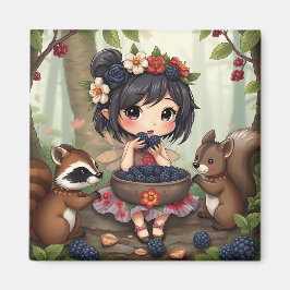 Chibi-älva som äter björnbär med skogsvänner magnet
