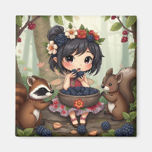 Chibi-älva som äter björnbär med skogsvänner magnet