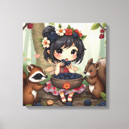 Chibi Älva som äter Svarta Vinbär med Skogs Vänner Canvastryck
