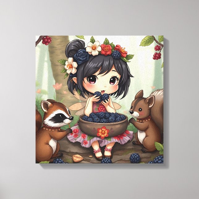 Chibi Älva som äter Svarta Vinbär med Skogs Vänner Canvastryck (Framsida)