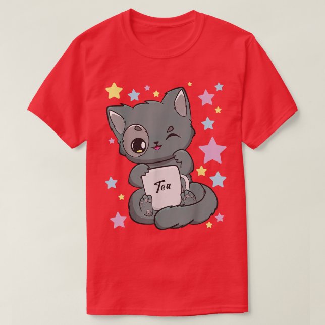Chibi Anime Cat Drinking a Boba Tea Kawaii Neko Fa T Shirt (Design framsida)
