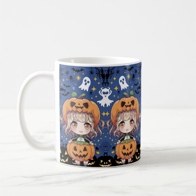 Chibi Anime Girl i Pumpkin Costume Kaffemugg (Vänster)