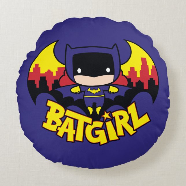 Chibi Batgirl with Gotham Skyline & Logotyp Rund Kudde (Framsidan)