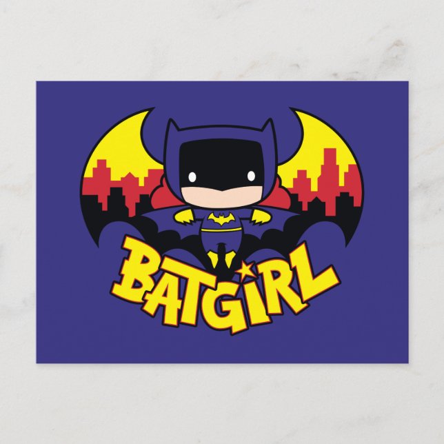Chibi Batgirl with Gotham Skyline & Logotyp Vykort (Framsida)