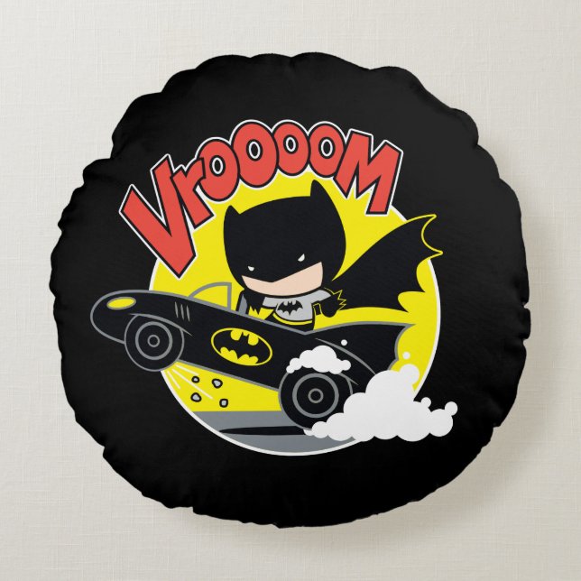 Chibi Batman i Batmobile Rund Kudde (Framsidan)