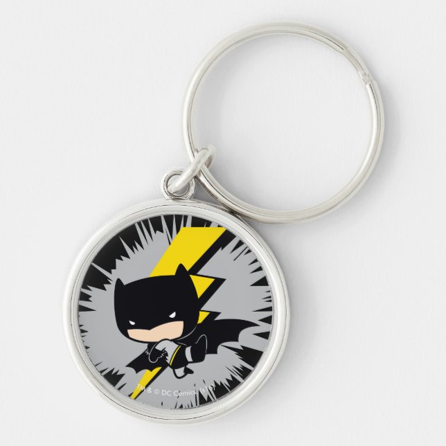 Chibi Batman Lightning Kick Rund Silverfärgad Nyckelring (Framsidan)