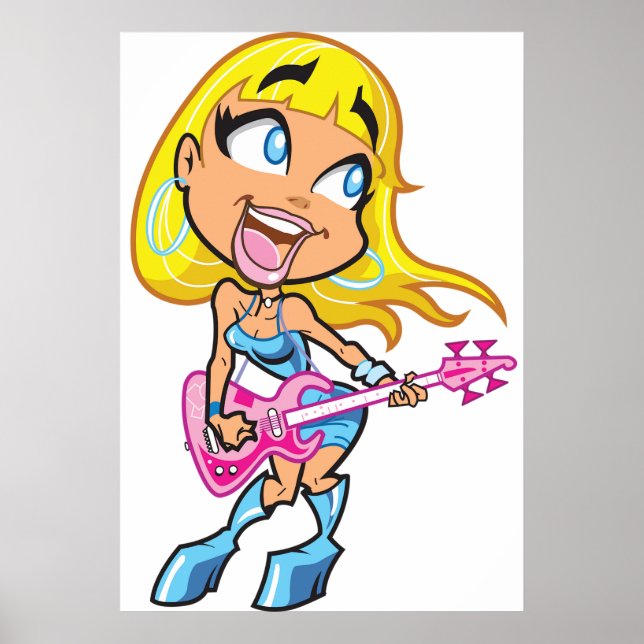 Chibi Blonde Girl Rocker Playing Pink Bass Guitar Poster (Framsidan)