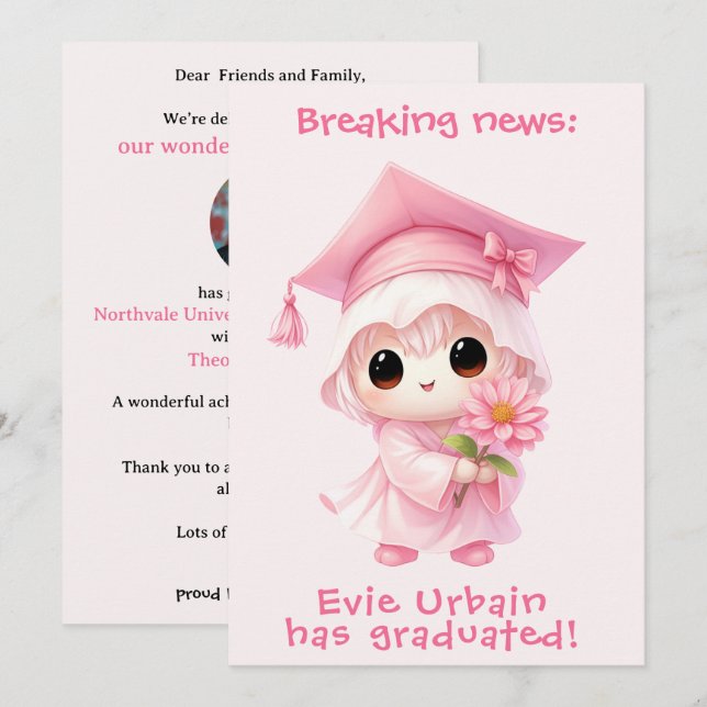 🎓Chibi Blossom Graduation Announcement Inbjudningar (Fram/baksida)