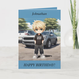 Chibi Boy som står på ett bildagskort Helgkort
