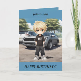 Chibi Boy som står på ett bildagskort Helgkort