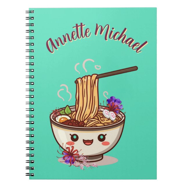 Chibi Cartoon Mint Green Ramen Bowl Japanese Flora Anteckningsbok (Framsidan)