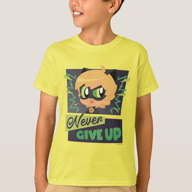 Chibi Cat Noir Aldrig Ge Up T Shirt (Framsida)