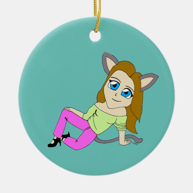 chibi catgirl julgransprydnad keramik (Framsidan)