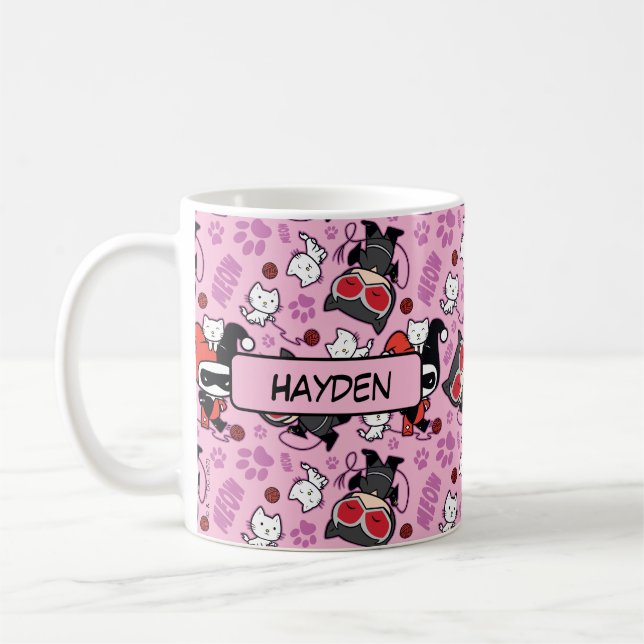 Chibi Catwoman, Harley Quinn, & Kittens Pattern Kaffemugg (Vänster)